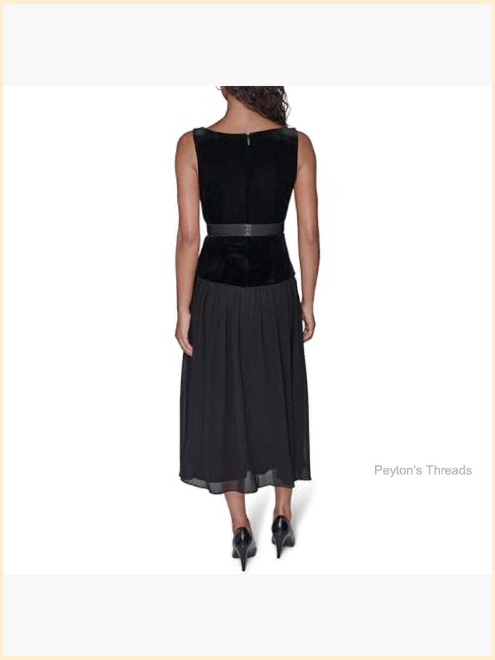 V-Neck Short Sleeve Stretch Velvet Midi Dress with Novelty Belt - Picture 3 of 5